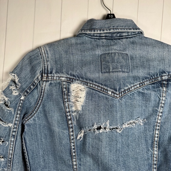 Abercrombie Fitch Heavily Distressed Ripped Denim Cropped Jean Jacket Y2K Small - Picture 5 of 9